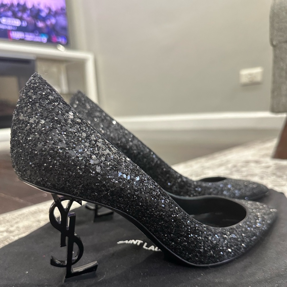 Saint Laurent Black Stiletto Heels with Glitter Finish